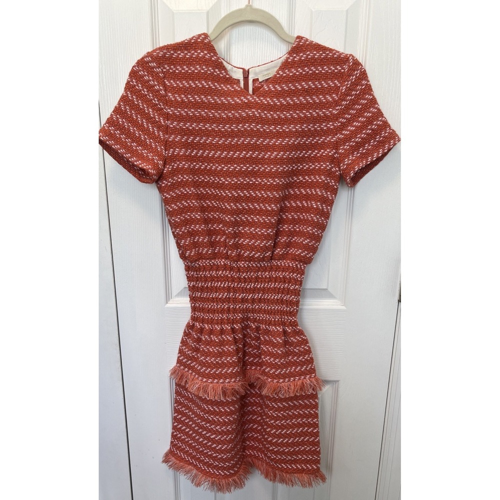 Maje Coral Tomette Wool Tweed Short Sleeve Smocked Mini Cocktail Dress Size 1